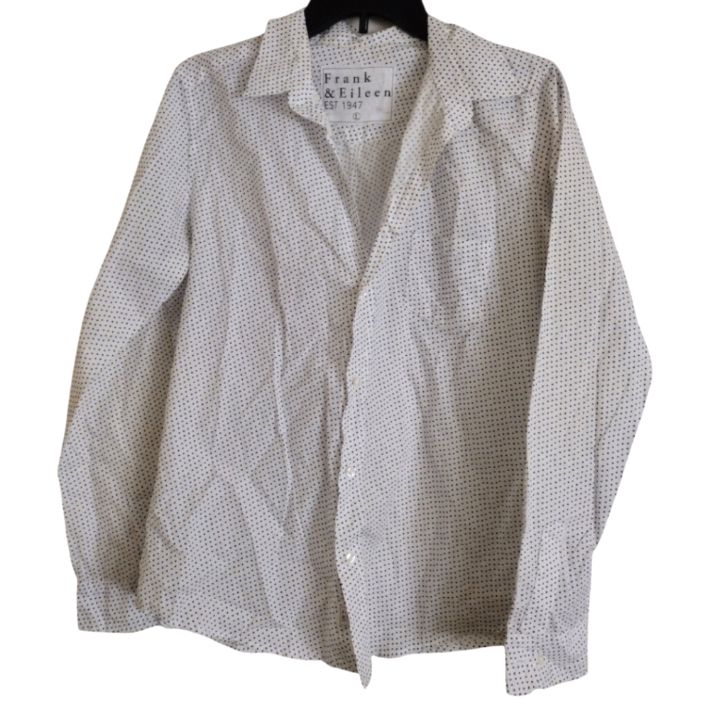 Frank & Eileen white button down shirt mini navy blue heart pattern size Large